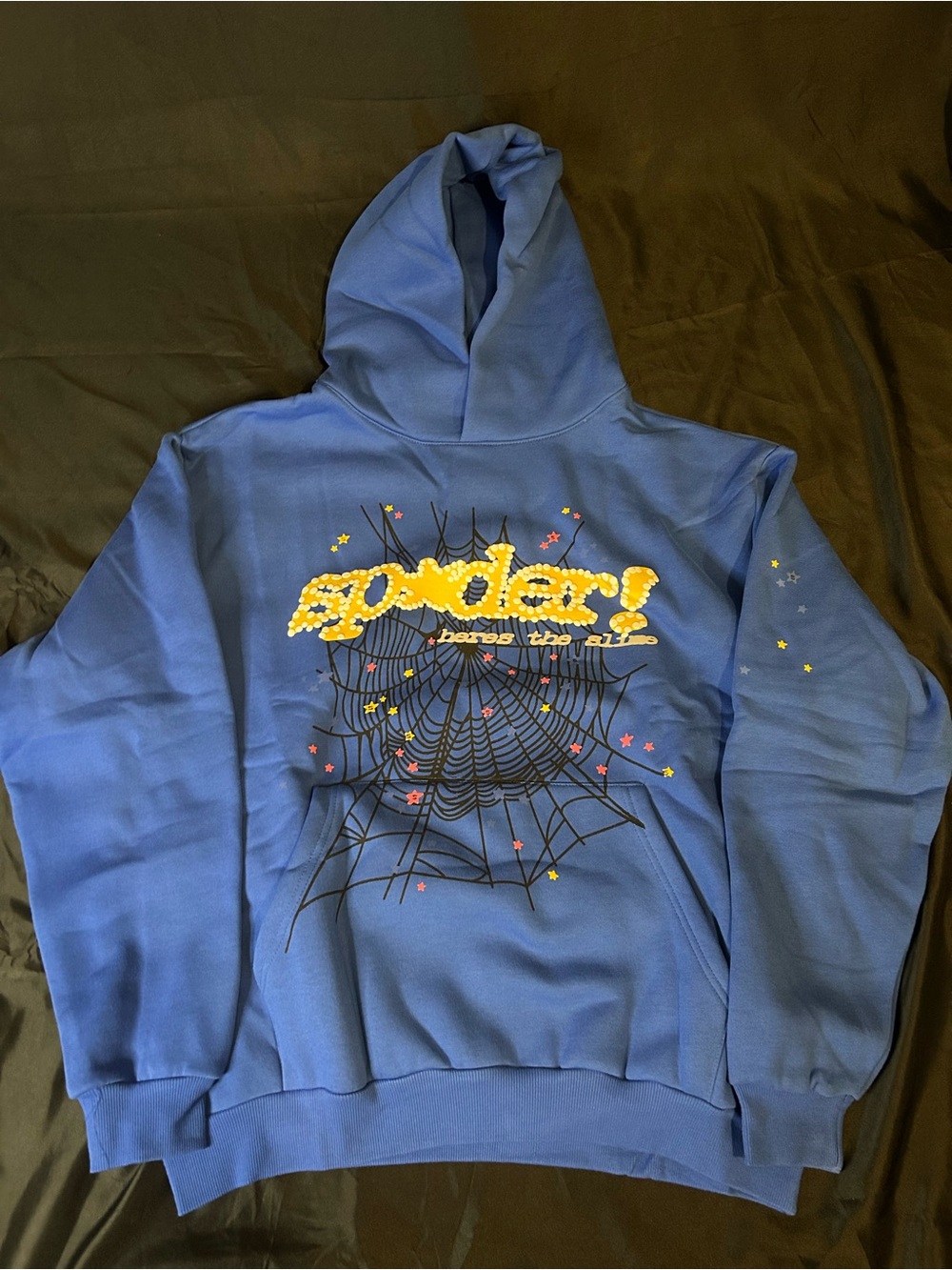Blue Graphic Pullover Hoodie with Spiderweb Design